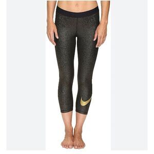 NIKE Pro Dri Fit Capri 3/4 Leggings Crop Gold Logo Metallic Active Small Women